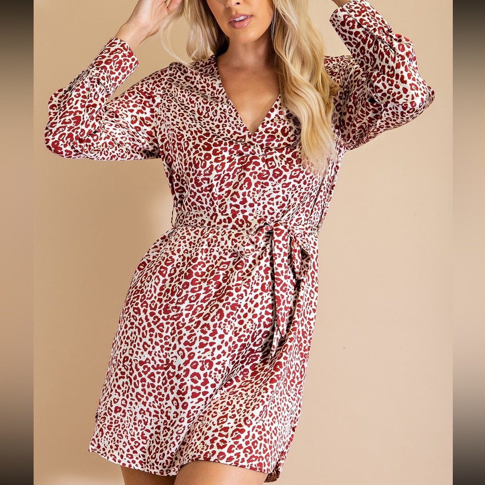 Long sleeve, silky v-neck tie waist dress. Red. NWT